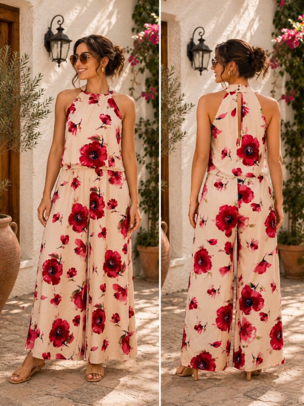 Peach Love California BoHo Floral Wide-Leg Jumpsuit | small | B-1843